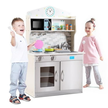 Giantex Kids Kitchen Playset, Wooden Pretend Cooking Playset w/ Cookware Accessories, Removable Sink, Microwave, Display Shelf, Toddler Pretend Play Kitchen Toy, Best Gift for Girl, Gray