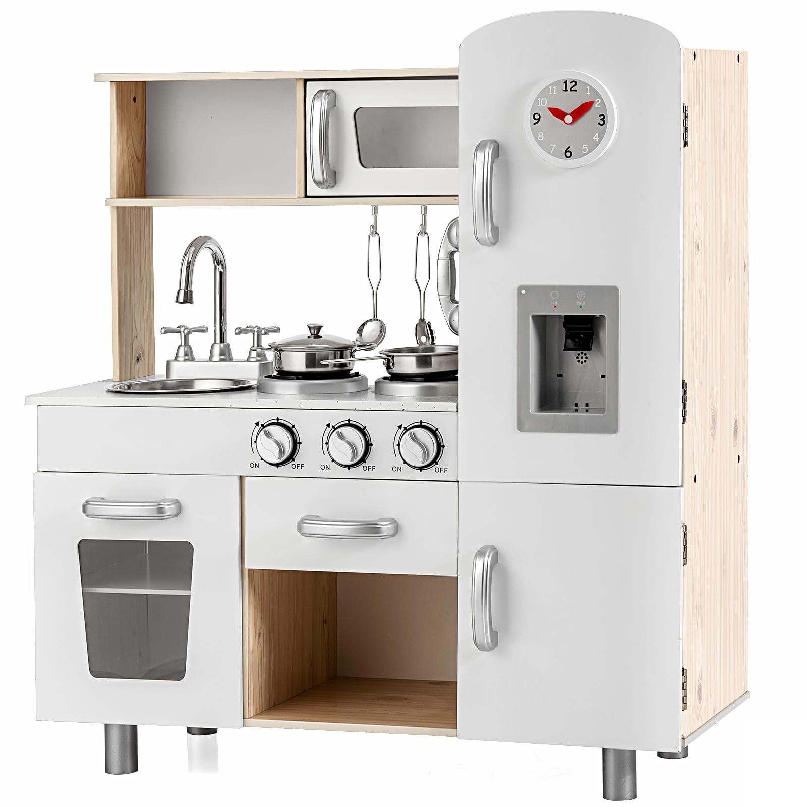 White and Natural Wood Kids Play Kitchen Set with Accessories