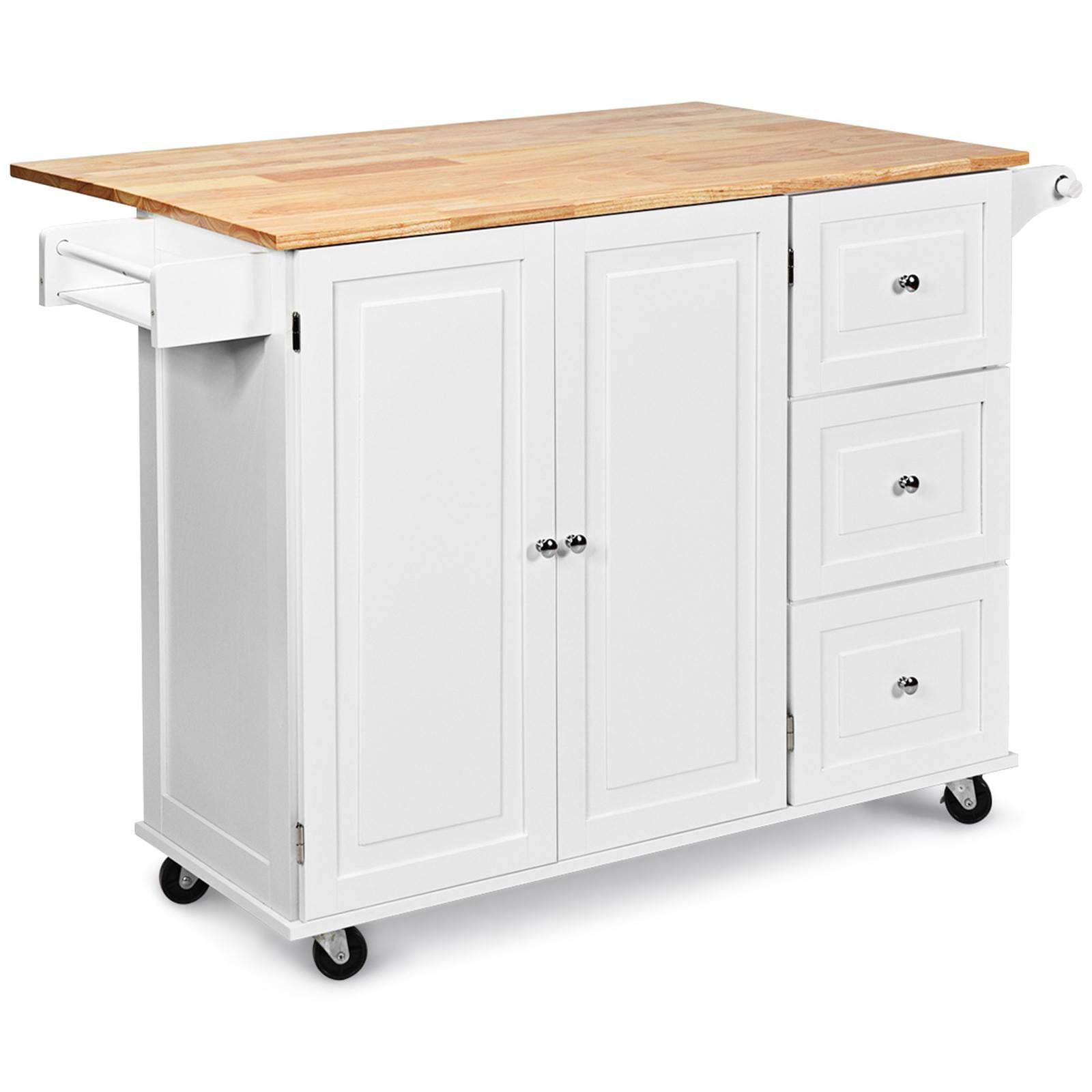 HOMCOM Kitchen Island with Drop Leaf Trolley Cart on Wheels Drawer Cabinet Towel Racks Versatile Use Natural Wood Top and White