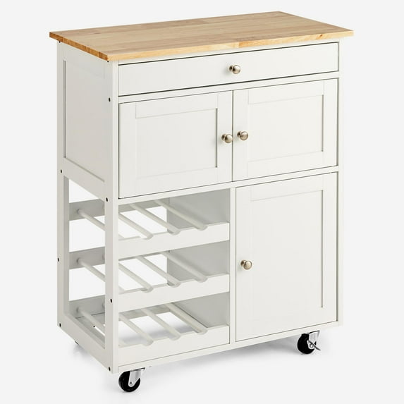 Giantex Kitchen Island Cart on Wheels, Rolling Kitchen Cart with 1 Drawer, 1 Wine Rack & 2 Storage Cabinets, Ideal for Kitchen, Dining Room, Living Room and Restaurant, 26.5 x 14.5 x 34 inches (White)
