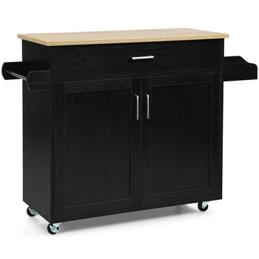 Giantex Kitchen Island Cart with Storage Cabinet on Wheels, Spice Rack Towel Rack & Drawer, Black