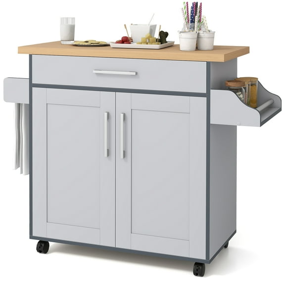 Giantex Kitchen Island Cart with Storage Cabinet on Wheels, Spice Rack Towel Rack & Drawer, Gray