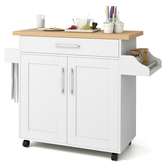 Giantex Kitchen Island Cart with Storage Cabinet on Wheels, Spice Rack Towel Rack & Drawer, White