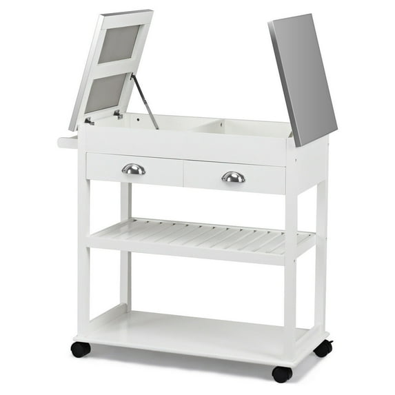 Giantex Kitchen Trolley Mobile Microwave Cart with Stainless Steel Flip Tabletop & MDF, Storage Cart Cutting Table with Rolling Casters, Drawer, Rack, and Shelf, Brown/White