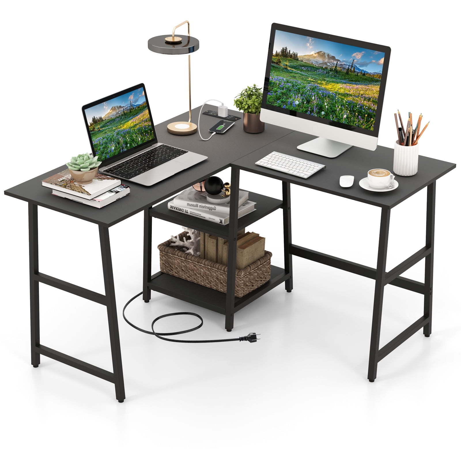 Giantex L Shaped Desk, Corner Gaming Desk w/Storage Shelves, Industrial Writing Desk Workstation, Black