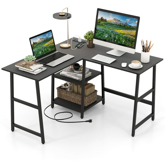 Giantex L Shaped Desk, Corner Gaming Desk w/Storage Shelves, Industrial Writing Desk Workstation, Black