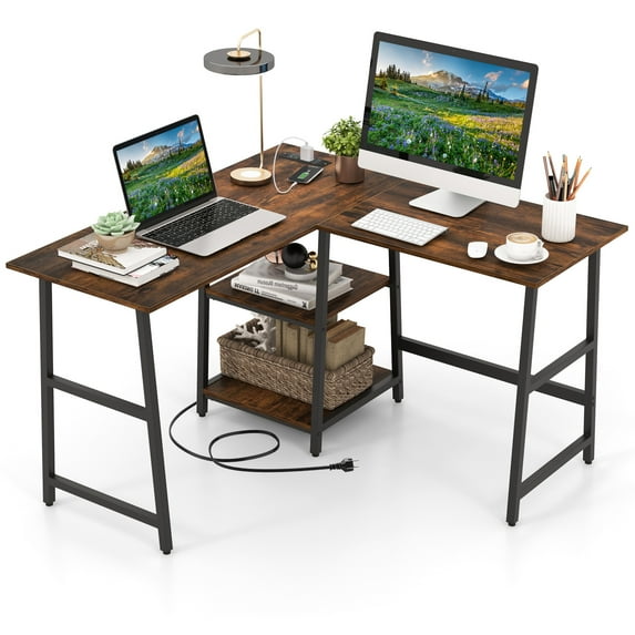 Giantex L Shaped Desk, Corner Gaming Desk w/Storage Shelves, Industrial Writing Desk Workstation, Brown