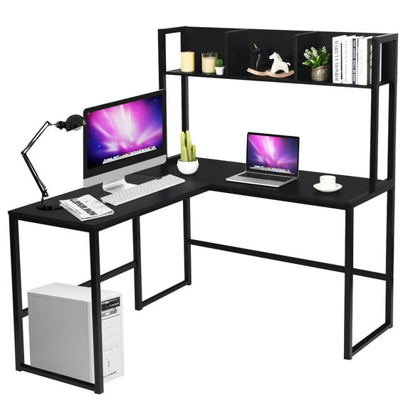 Giantex L-Shaped Desk, Space Saving Corner Desk, Industrial Computer Workstation for Home Office, Black