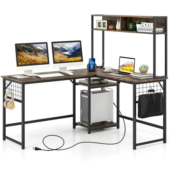Giantex L Shaped Desk, Sturdy Computer Desk w/ Power Outlet, Long Corner Desk Home Office Table, Brown