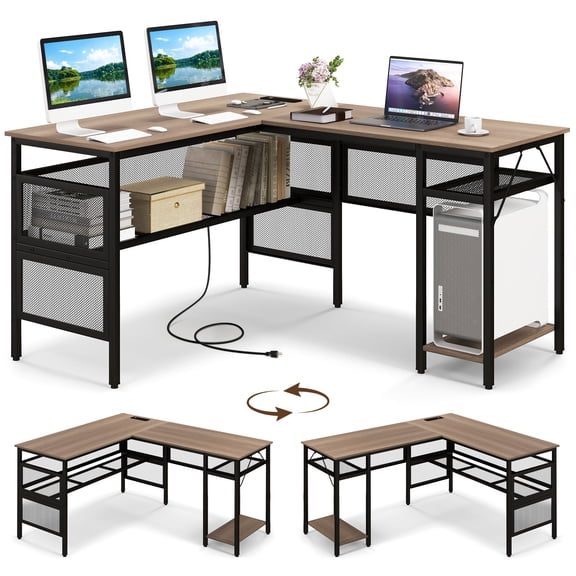 Giantex L Shaped Desk w/Power Outlets & USB Ports, Reversible Corner Computer Desk, 2 Person Gaming Table