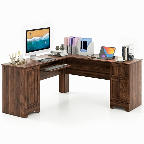 Giantex L-Shaped Office Desk, Home Office Corner Computer Workstation w/Inner Adjustable Shelf, Space-Saving Study Writing Desk, Walnut