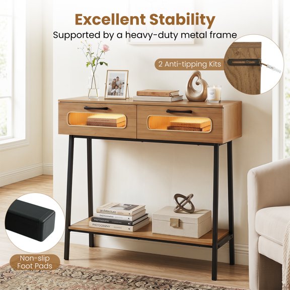 Giantex LED Console Table, Behind-Couch Slim Table w/2 Drawers for Home