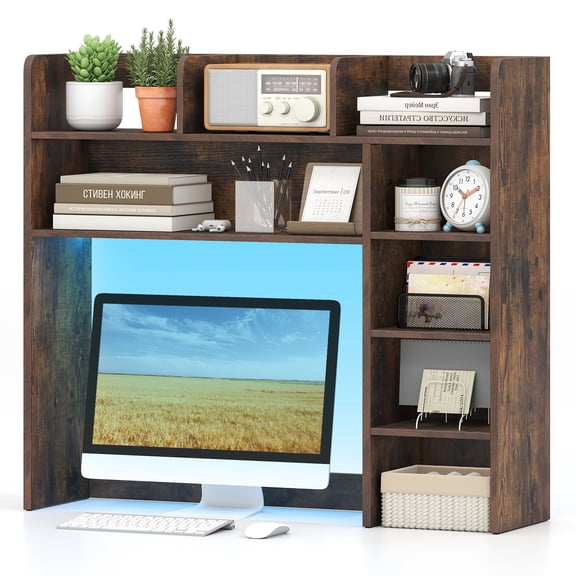 Giantex LED Desktop Bookshelf, Wooden Bookcase w/ Storage Organizer for Home Office, Brown