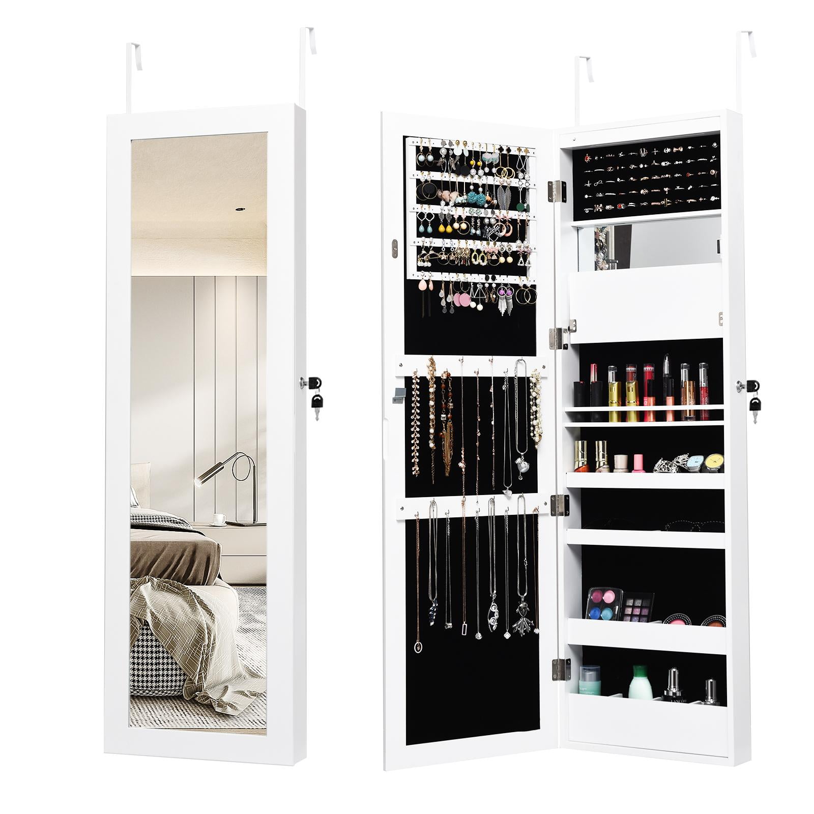 Giantex LED Jewelry Cabinet Wall Door Mounted, Lockable Jewelry Armoire w/Full Length Mirror, Cosmetics Tray, Brush Holders, Build-in Makeup Mirror for Women Girls (White)