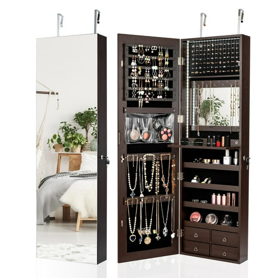 Giantex LED Strip Jewelry Armoire, Wall/Door Mounted Jewelry Organizer w/Full Length Mirror & Large Storage Space, Brown