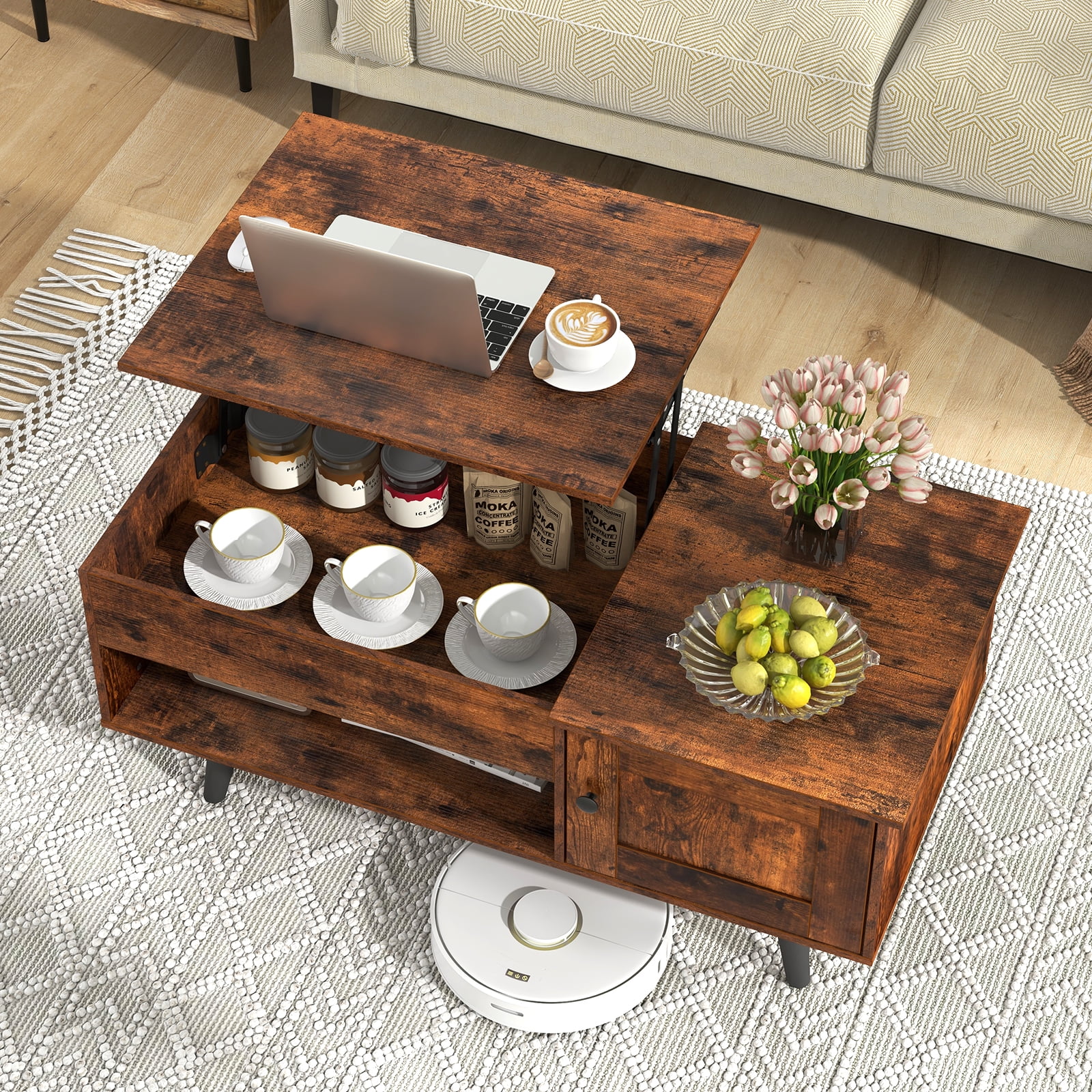 Giantex Modern Coffee Table With Drawers - Rectangular Living Room Table, Brown & White, Open Shelves & Storage