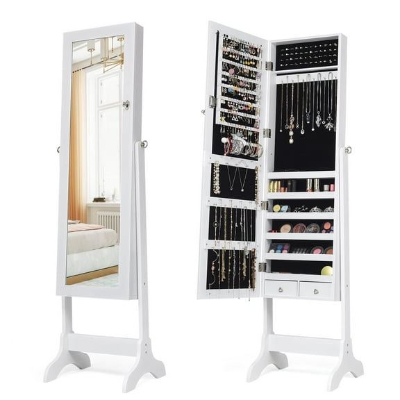 Giantex Lockable Jewelry Cabinet, Free Standing Big Makeup Box w/LED, White