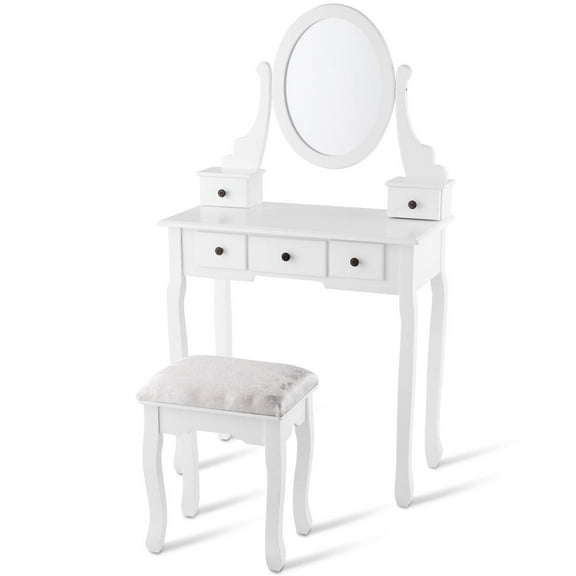 Giantex Makeup Vanity Table Set with Cushioned Stool, Removable Table Top Dressing Table Set with 5 Drawers and 360 Rotating Round Mirror, Writing Desk for Bedroom Dressing Room Cloakroom, White