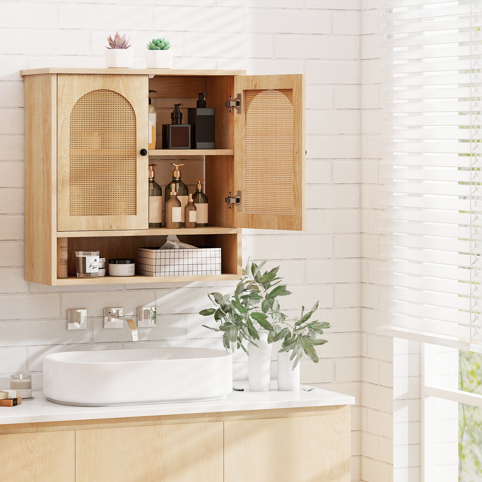 Giantex Bathroom Wall-Mounted Cabinet, Faux Rattan Medicine Cabinet w/Adjustable Shelves, Storage Cabinet Over Toilet