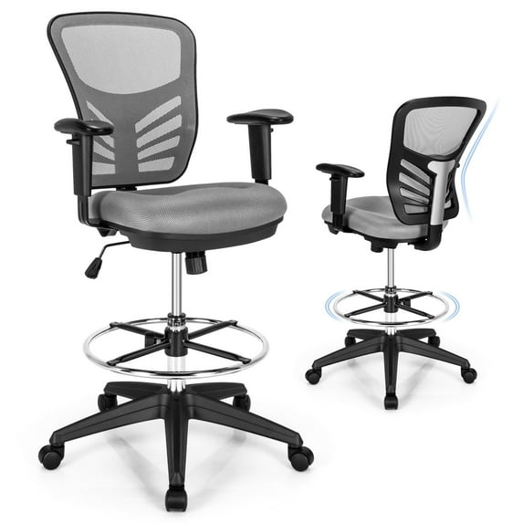 Giantex Mesh Drafting Chair, Comfortable Office Chair w/Adjustable Armrests, Foot-Ring & Padded Cushion, Grey