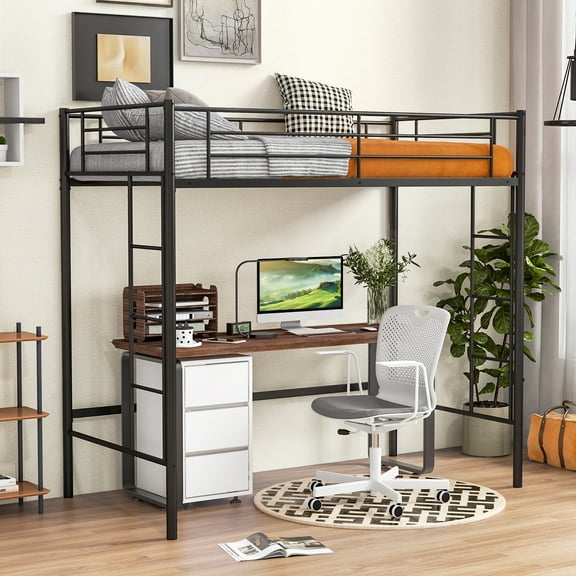 Giantex Metal Loft Bed Twin Size, Heavy Duty Loft Bed Frame, Space-Saving Bed w/Guardrail, Black