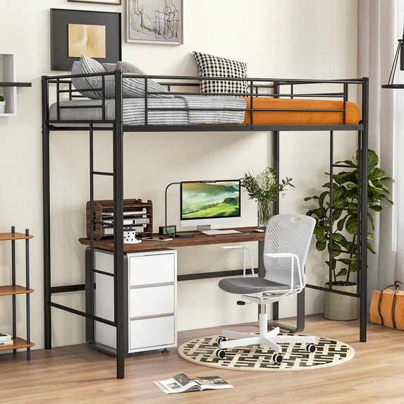 Giantex Metal Loft Bed Twin Size, Heavy Duty Loft Bed Frame, Space-Saving Bed w/Guardrail, Black