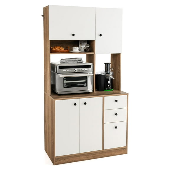Giantex Microwave Stand Cabinet, Freestanding Kitchen Storage Pantry, Natural+White