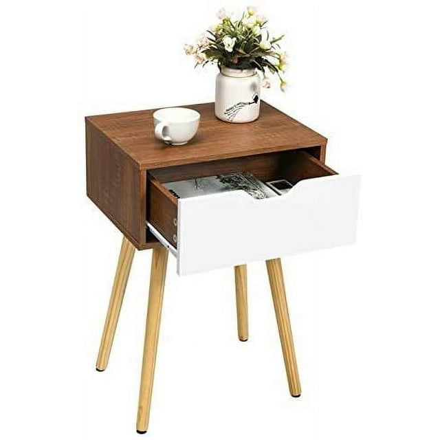 Giantex Mid-Century Nightstand, End Table with Drawer, Wood Bedside Table Side Table for Bedroom