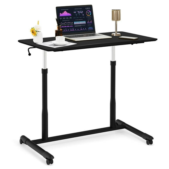 Giantex Mobile Height Adjustable Standing Desk, Compact Pneumatic Sit to Stand Computer Desk w/ Lockable Casters, Ergonomic Rolling Laptop Table for Home Office, Black