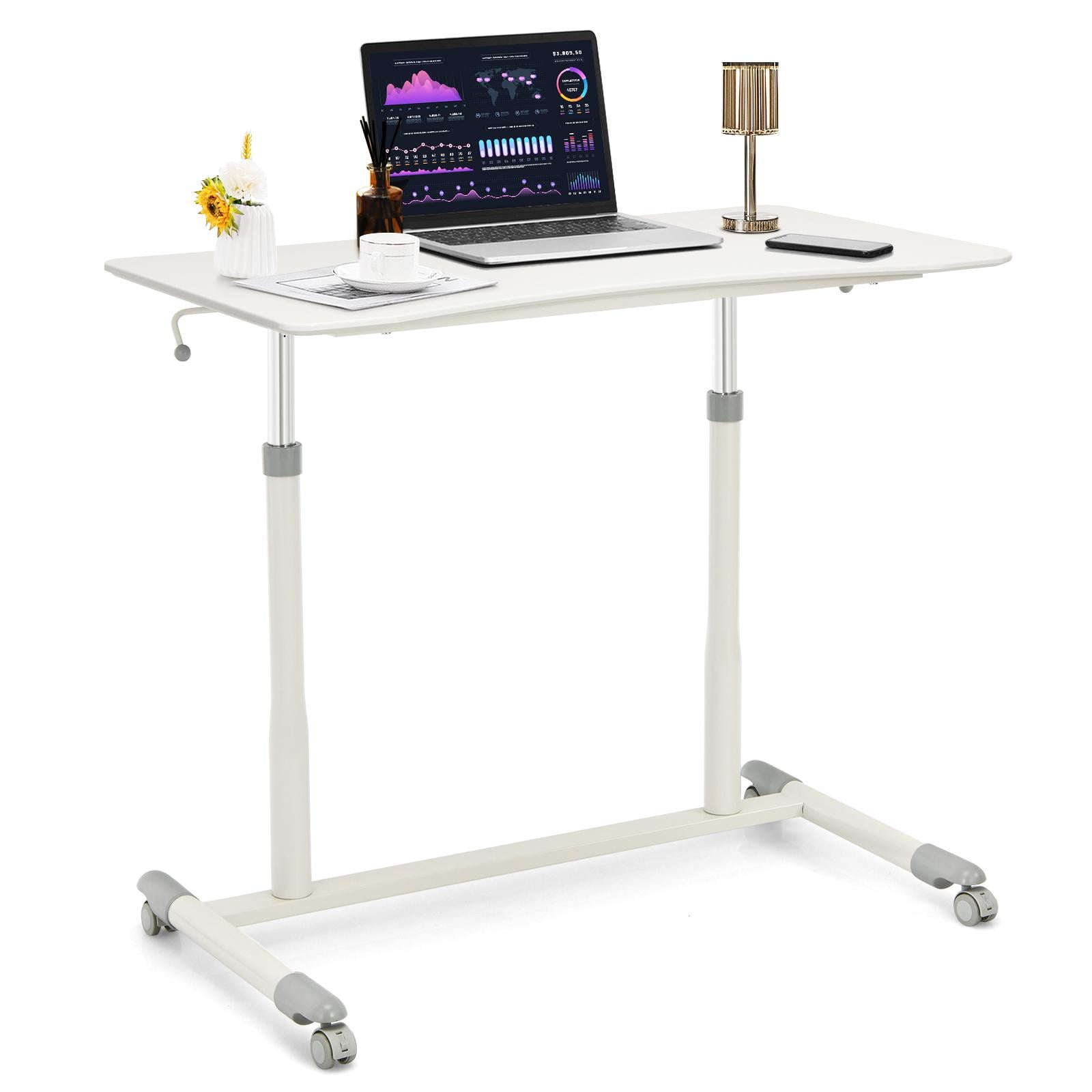 Giantex Mobile Height Adjustable Standing Desk, Compact Pneumatic Sit to Stand Computer Desk w/ Lockable Casters, Ergonomic Rolling Laptop Table for Home Office, White