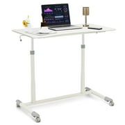 Giantex Mobile Height Adjustable Standing Desk, Compact Pneumatic Sit to Stand Computer Desk w/ Lockable Casters, Ergonomic Rolling Laptop Table for Home Office, White