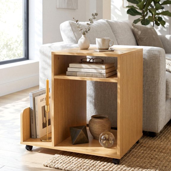 Giantex Mobile Nightstand, Rolling Small Side Table w/2 Lockable Casters, Natural