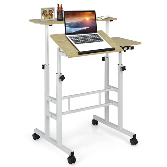Giantex Mobile Stand up Computer Desk, Rolling Standing Laptop Cart w/2 Tilting Desktops & Sitting or Standing Modes