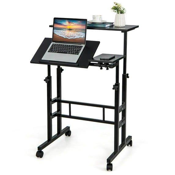 Giantex Mobile Stand up Computer Desk, Rolling Standing Laptop Cart w/2 Tilting Desktops & Sitting or Standing Modes