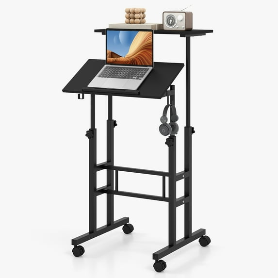 Giantex Mobile Standing Desk, Height Adjustable Sit to Stand Desk, Portable Laptop Desk, 2-Tier Computer Workstation for Home Office, Black
