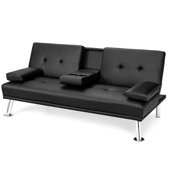 Giantex Modern Faux Leather Adjustable Metal Legs Futon Sofa Bed with 2 Cup Holders, Black