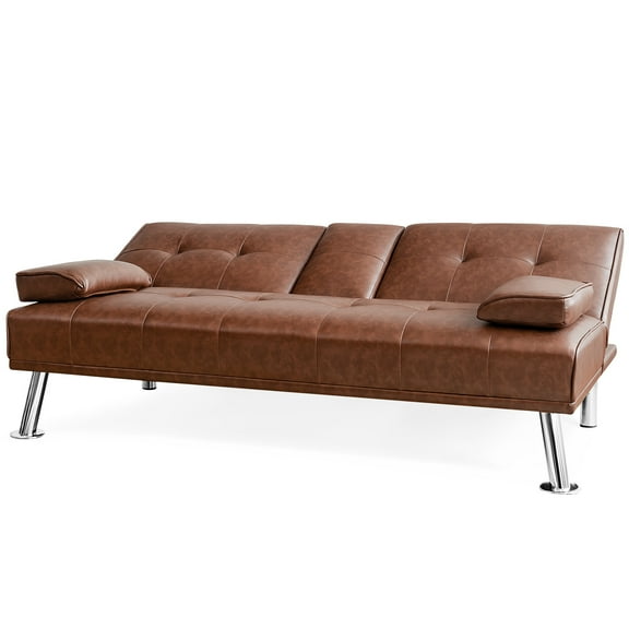 Giantex Modern Convertible Futon Sofa Bed, Faux Leather Upholstered Futon Sofa Sleeper w/Metal Leg, Removable Armrests, 2 Cup Holders, Backrest Adjustable, Folding Futon Sofa Bed for Apartment(Brown)