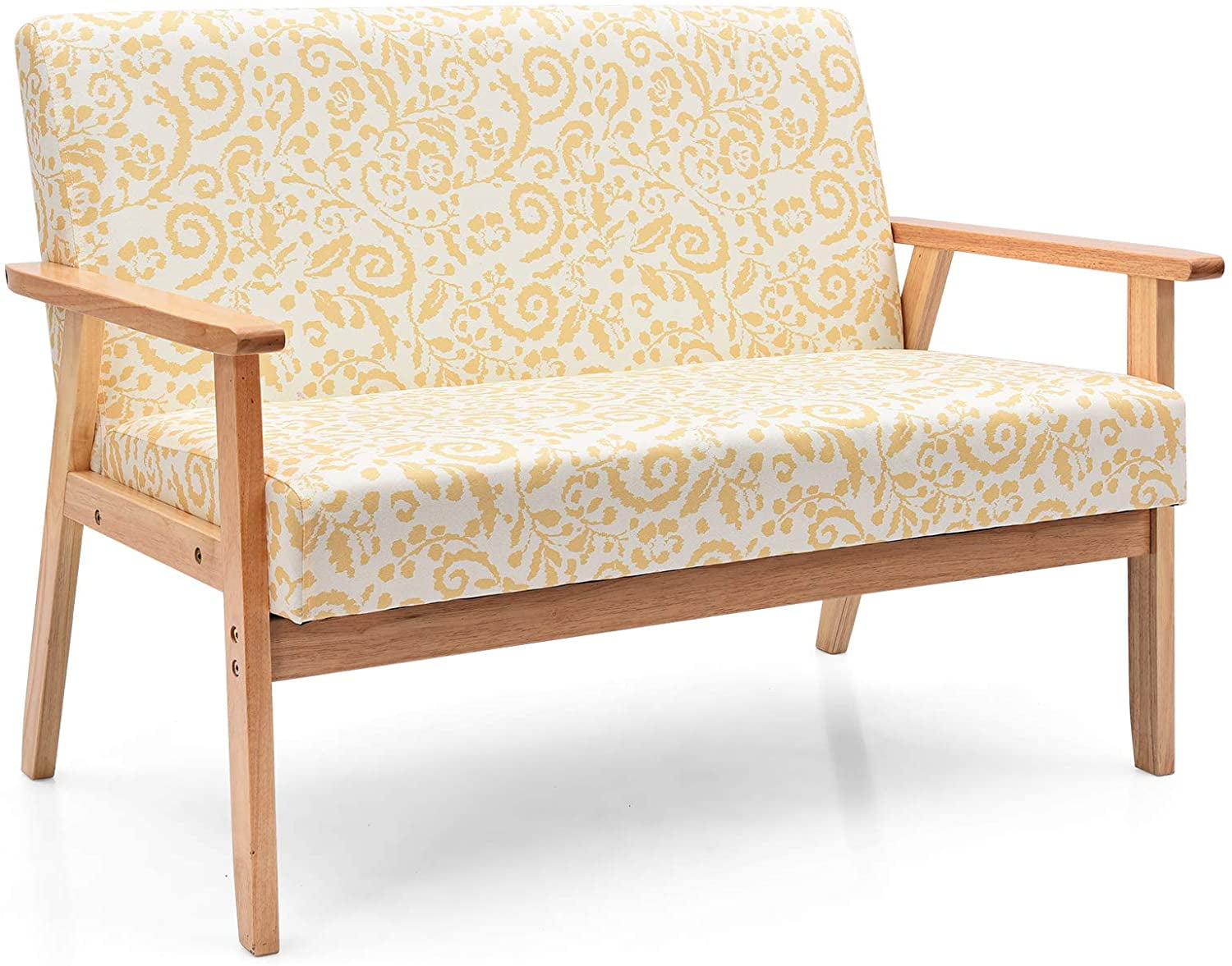 Yellow Floral Linen Upholstered Loveseat with Wood Frame