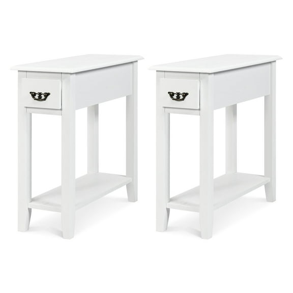 Giantex Narrow End Table, Slim Side Table w/Drawer, ightstand Bedside Table for Small Spaces, (2, White)