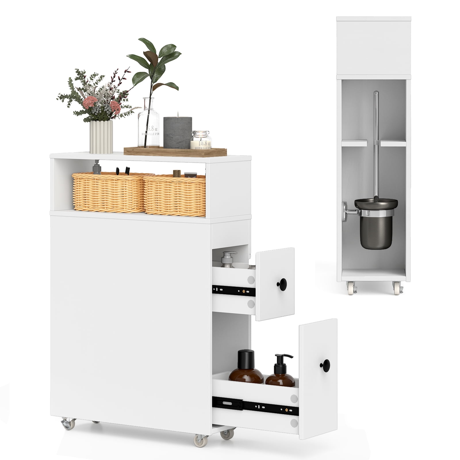 Giantex Narrow Side Bathroom Storage Cabinet, Toilet Storage on Wheels, Space Saver Rolling Storage Cabinet for Small Spaces