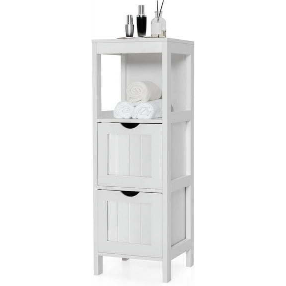 Giantex Narrow Storage Bathroom Cabinet, Freestanding Floor Cabinet w/2 Removable Drawers, White