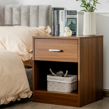 Giantex Night Stand, Wood Bedside Table w/Drawers & Open Shelf, Small End Table for Small Spaces, Brown