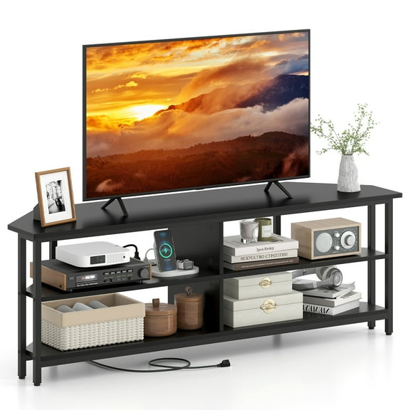 Giantex Nightcore Corner TV Stand, Entertainment Center for 65" TV, Console Table w/Metal Frame & AC Outlets, Media Console, Black