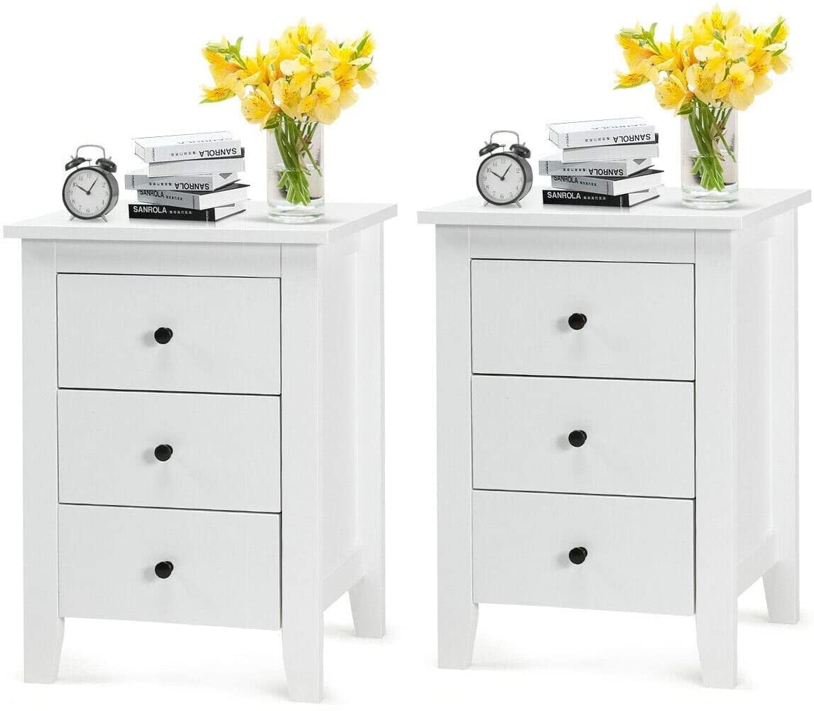 White 3-Drawer Wooden Nightstand Set with Black Knobs