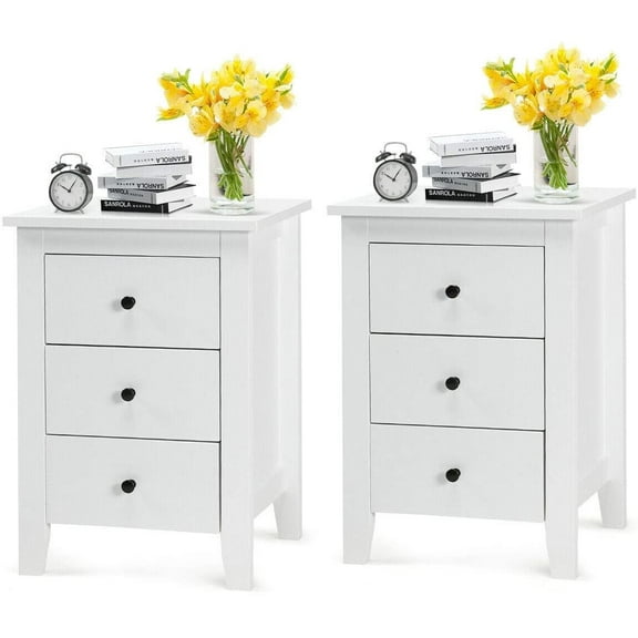 Giantex Nightstand, Side Table with 3 Drawers, Bedroom Side Storage Cabinet Wooden End Table Accent Table Solid Wood Legs