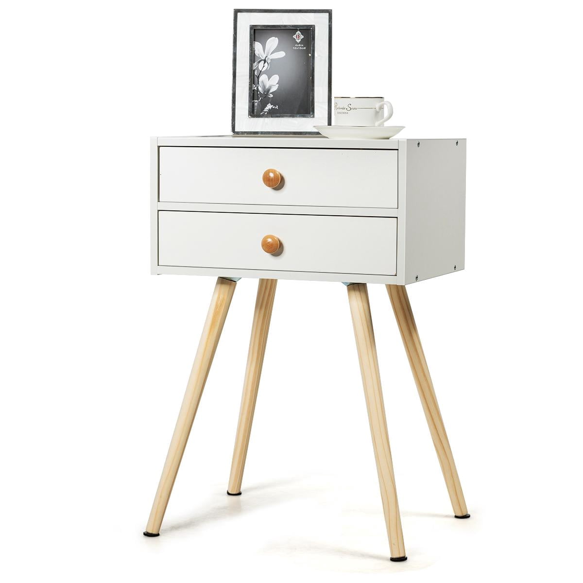 Giantex Nightstand W/2 Drawers, End Side Table w/Natural Legs for Small Spaces(1, White)