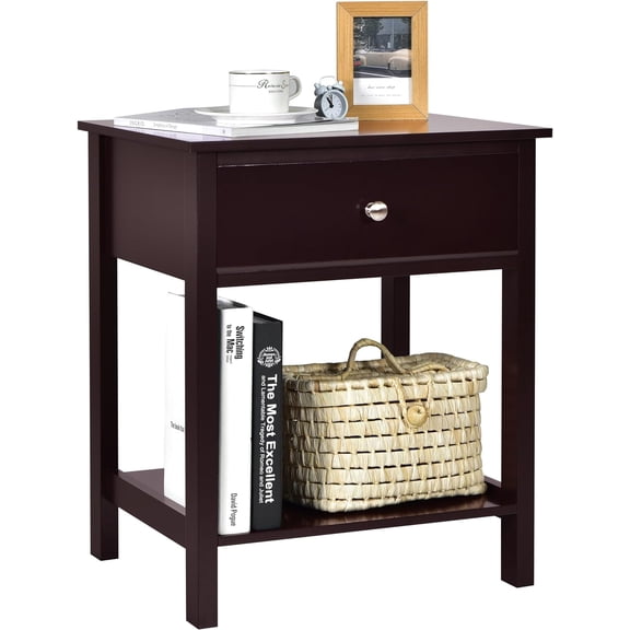 Giantex Nightstand, Wood End Table with Drawer and Open Shelf, Night Stand for Small Spaces, 2-Tier Bedside Table for Living Room Bedroom Dorm, Easy Assembly, Brown