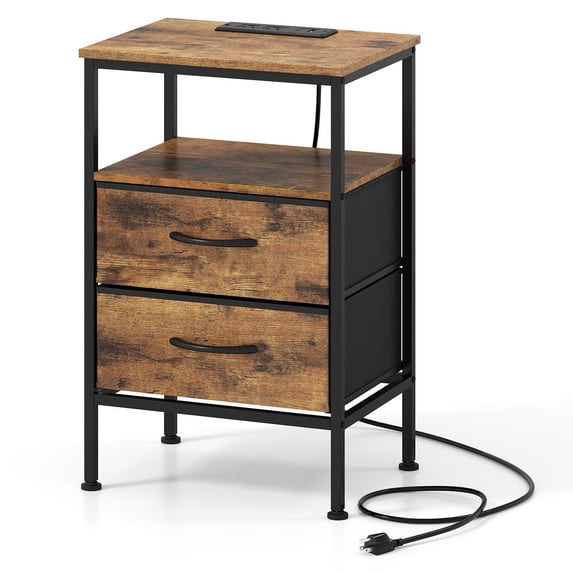 Giantex Nightstand w/Charging Station, End Table w/2 Fabric Drawers, 2 AC Outlets, USB and Type-C Ports, Brown