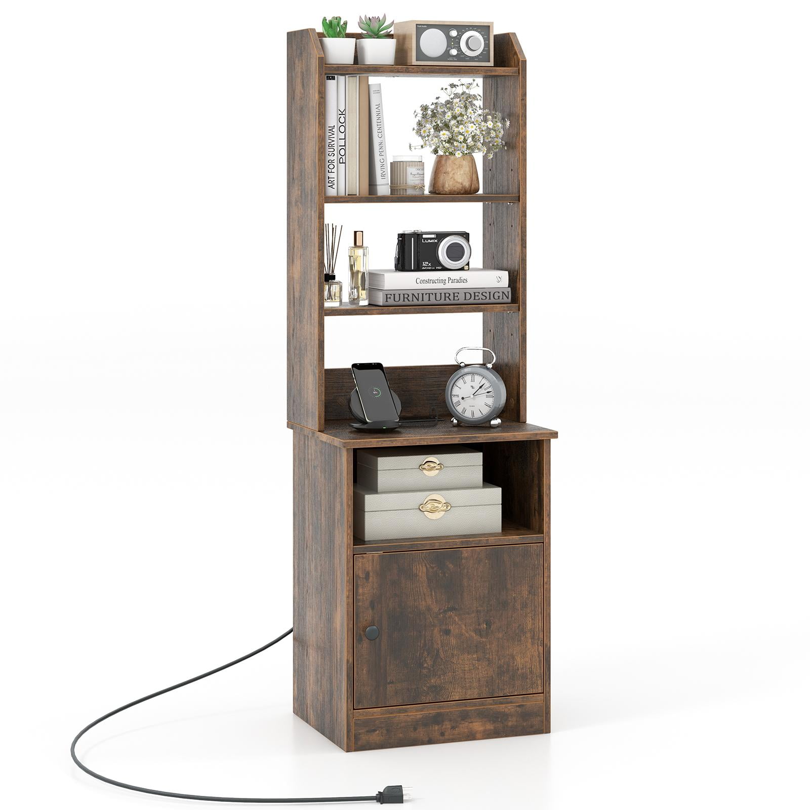 Giantex Nightstand w/Charging Station, Tall Bedside Table, End Table ...