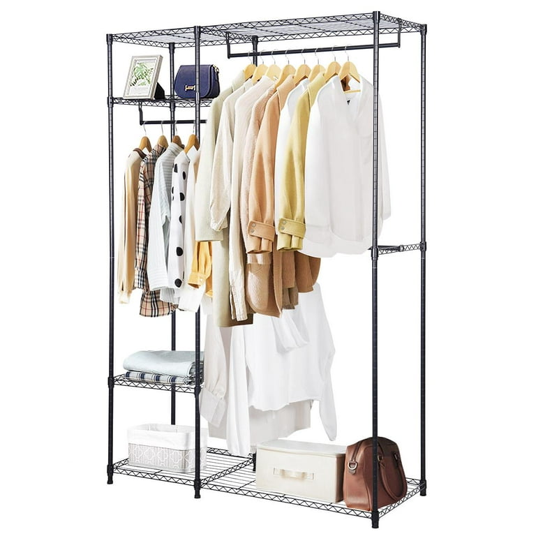 Giantex Closet Wardrobe, Portable Closet with Rollers, Mobile Metal Armoire  Closet with Hanging Rod, Adjustable Shelf, Rolling Closet Storage Accent